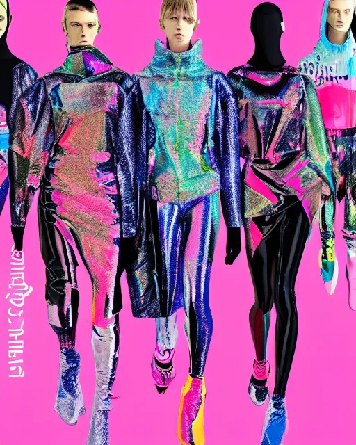 Image similar to a leaked screenshot of Balenciaga's fall 2049 collection, prismatic, dazzle camouflage!, dayglo pink, dayglo blue, Bladerunner, cyberpunk