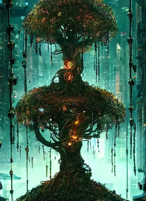 Prompt: tree with intricate mechanical apples, on the background of a weird magical mechanical forest. Very detailed 8k. Fantasy cyberpunk horror. Sharp. Cinematic post-processing