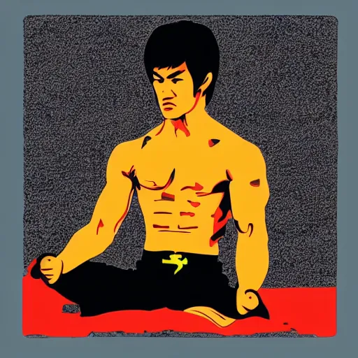 Image similar to bruce lee meditating on the beach, muscles, sticker, colorful, illustration, highly detailed, simple, smooth and clean vector curves, no jagged lines, vector art, smooth