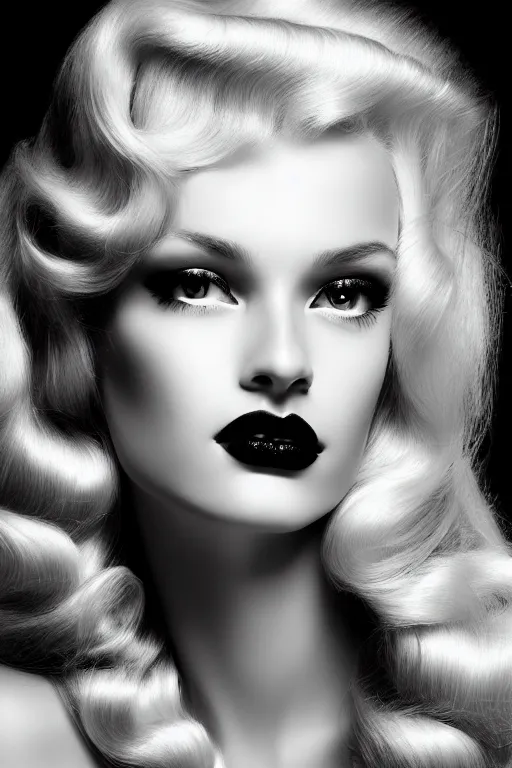 Prompt: stunning black and white portrait of a beautiful blonde woman by kenneth willardt. long wavy glossy hair and makeup. face only, no hand. vintage glamour. shiny dark lips. highly detailed and realistic acrylic painting on canvas. brush strokes.