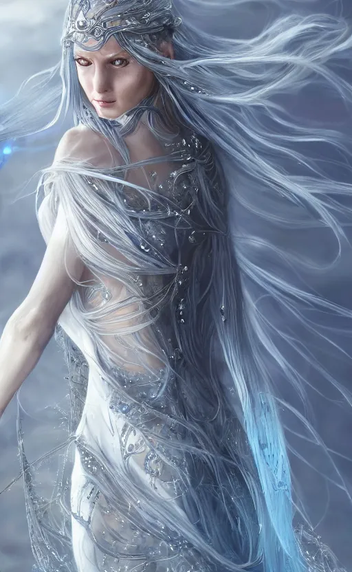 Image similar to an elven woman with long, silver hair cascading down her back. she has delicate, angular features and piercing blue eyes. she's clad in a flowing white dress with intricate silver embroidery, dynamic lighting, photorealistic fantasy concept art, trending on art station, stunning visuals, creative cinematic, ultra detailed