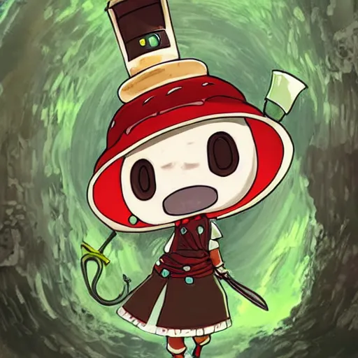 Image similar to cute robot with big tomato hat and a chive sword, made in abyss style