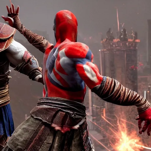 Image similar to screenshot of the game God of War with Kratos and Spiderman high fiving | Sony Pictures official media | Spiderman | Spiderman | Spiderman