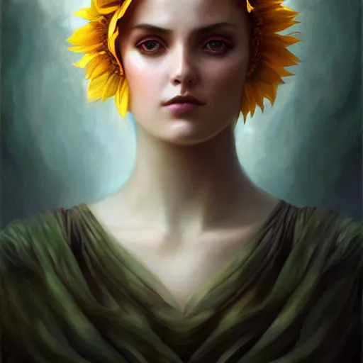 Image similar to sunflower goddess of summer character portrait, in the style of charlie bowater, tom bagshaw, and waterhouse, lean face, cinematic lighting, beautiful, elegant, oil painting, cinematic, portrait, raphaelite, headroom, headshot photograph