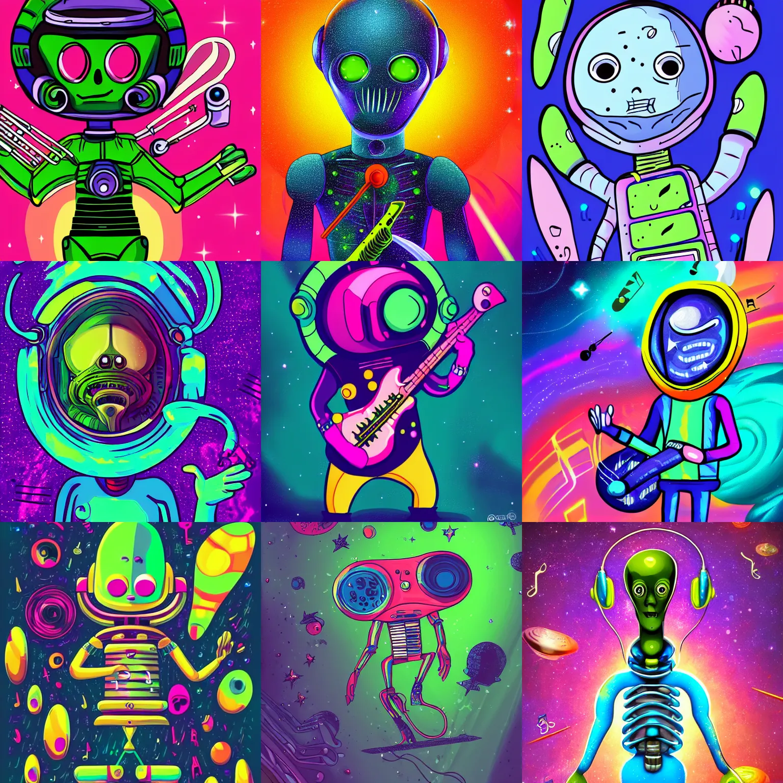 Prompt: an alien musician lost in space by kidmograph, highly detailed, colorful, digital art, hd, stylized character