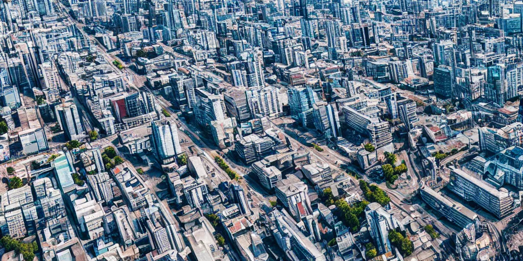 Prompt: drone view of a city with a large road through, Brutalist architecture,sharp focus,telephoto lens,3D digital art 4k