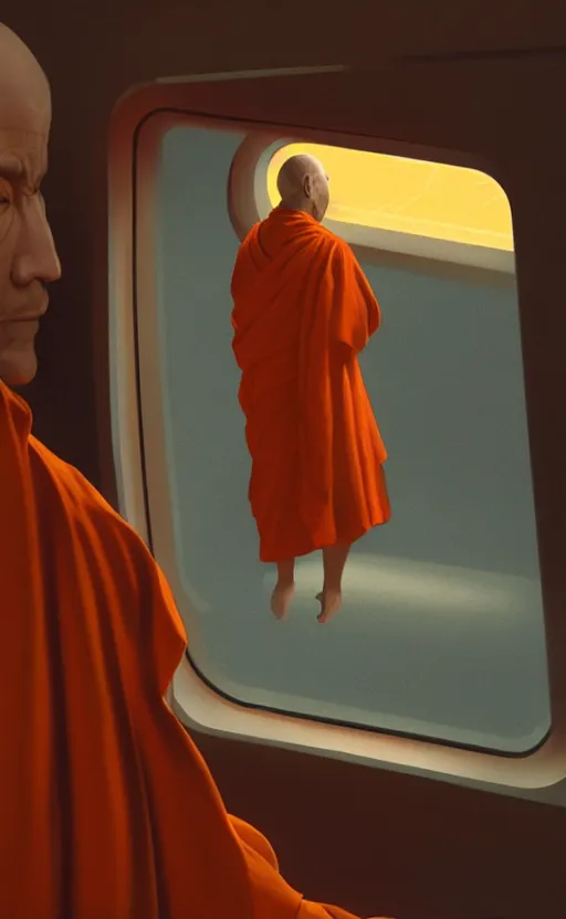 Prompt: portrait of a blind monk in a spaceship, looking out the window, orange robe, dramatic lighting, artstation, matte painting, ralph mcquarrie