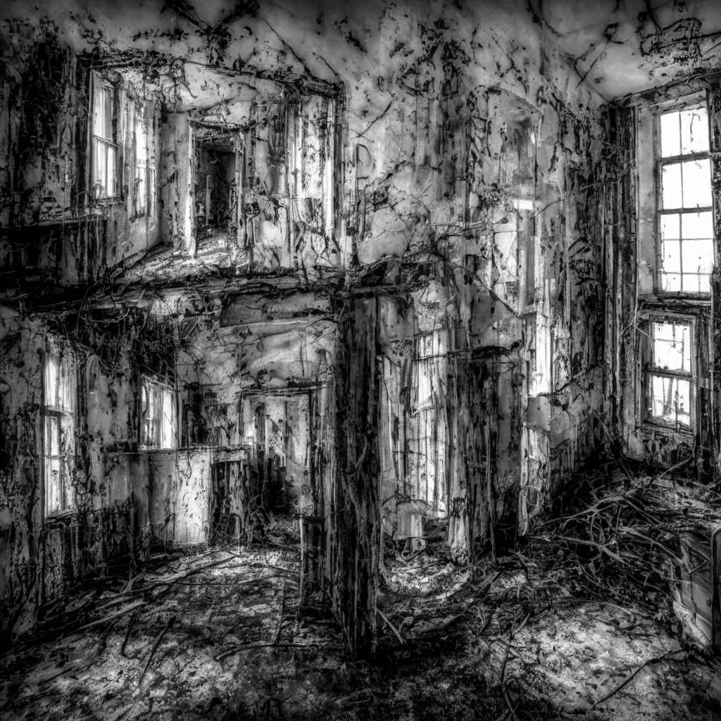 Image similar to exploring the inside of a haunted asylum, creepy, shadows, webs