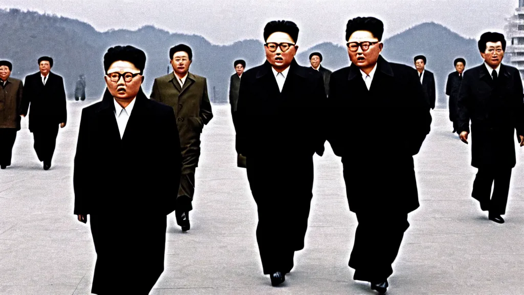 Image similar to kim jong - il walking in 1 9 6 0 s pyongyang, film noir thriller in the style of orson welles and andrei tarkovski