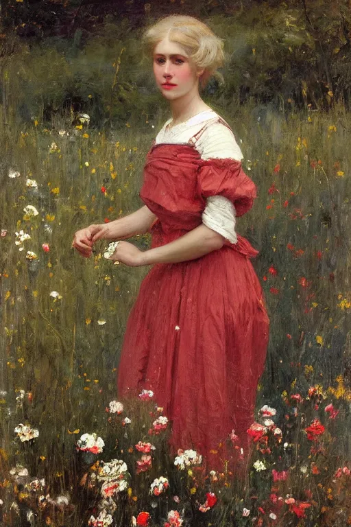 Image similar to Solomon Joseph Solomon and Richard Schmid and Jeremy Lipking victorian genre painting portrait painting of an elegant slim young cottagecore girl in an open field of flowers, red background