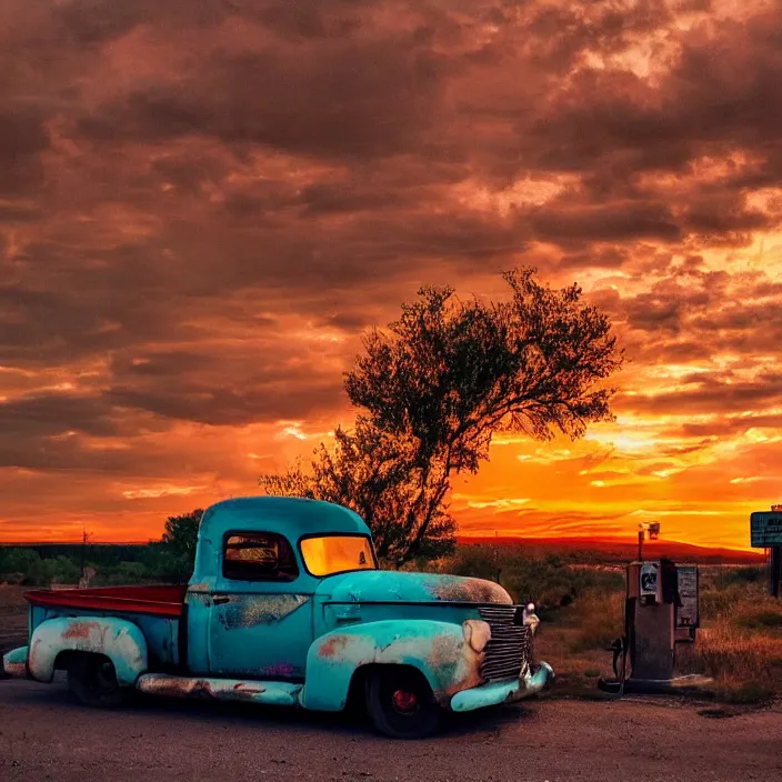 Image similar to a sunset light landscape with historical route 6 6, lots of sparkling details and sun ray ’ s, blinding backlight, smoke, volumetric lighting, colorful, octane, 3 5 mm, abandoned gas station, old rusty pickup - truck, beautiful epic colored reflections, very colorful heavenly, softlight