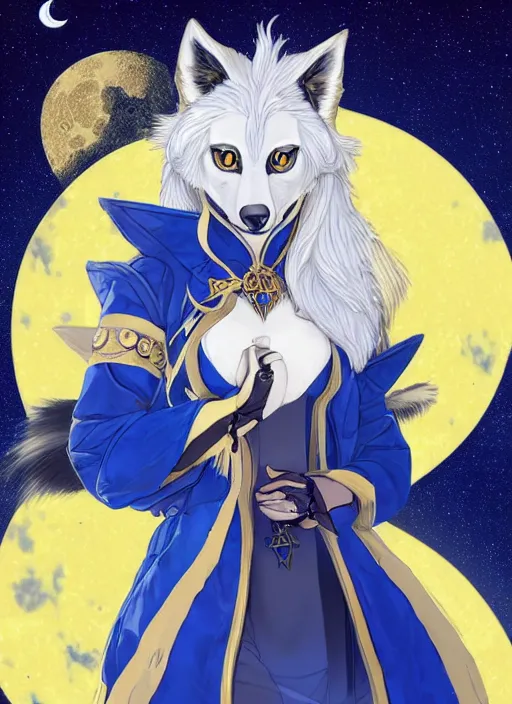 Image similar to commissioned full body portrait of a female anthro wolf princess fursona with a wolf head and white hair wearing a blue and gold Japanese armored dress in a white and gold palace on a starry night with a large crescent moon, by a professional manga illustrator, by Kilian Eng, by Sandra Chevrier, trending on artstation