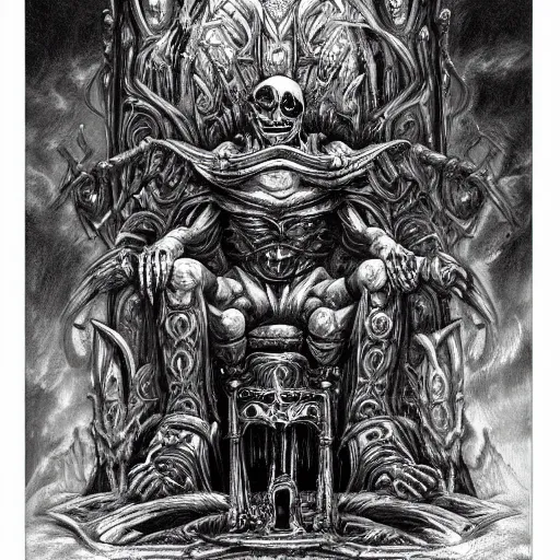 Image similar to pencil illustration. the god emperor on his golden throne. 4 0 k. body horror. in the style of giger.