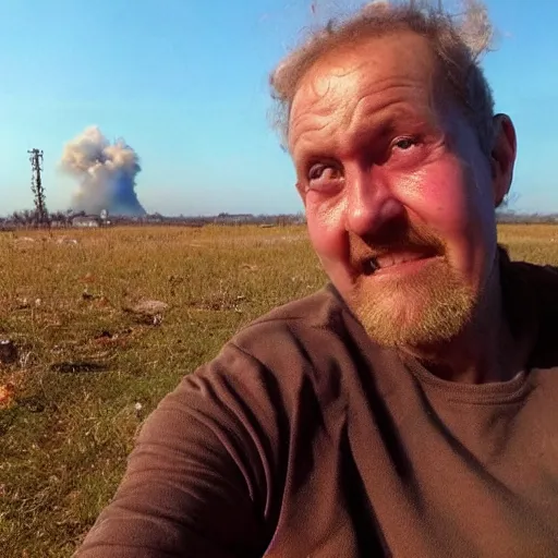 Image similar to last selfie of last alive funny scared ukrainian very damaged body to bones, bleeding crawling from nuclear explosion, big nuclear explosion at background, end of the life close