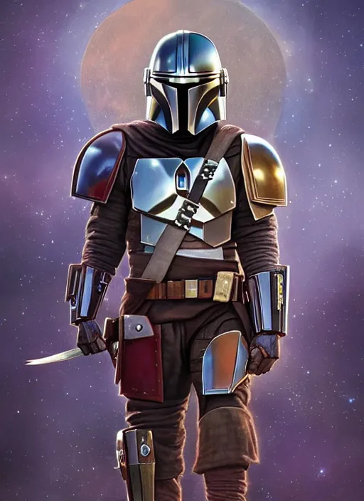Prompt: the mandalorian surrounded by starlight, moon behind him, armor decorated withthai yantra lacquer gilded, fantasy, intricate, elegant, hyper detailed, ultra definition, photoreal, artstation, unreal engine rendered, concept art, smooth, sharp focus, illustration, art by artgerm and greg rutkowski and alphonse mucha and garis edelweiss