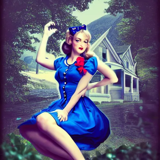 Prompt: giant alice in wonderland, pin up, houses, trees, mountains, woman, city, digital art, photo, blue dress, photoshop, flowers, collage, river