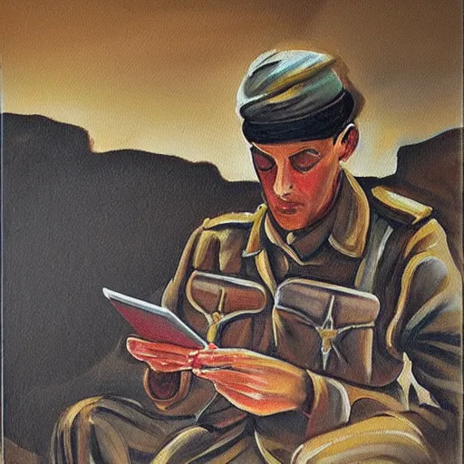 Image similar to medium shot painting of an italian soldier texting a letter to his beloved in wwII, behind him the desert of El Alamein