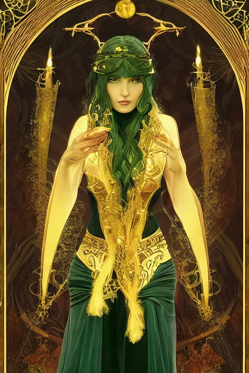 Prompt: a tarot card of an attractive young girl sorceress wearing a black robe with gold embroidery, casting a spell, green glows, painted by artgerm and tom bagshaw and alphonse mucha, in the style of magic the gathering, intricate, highly detailed digital art