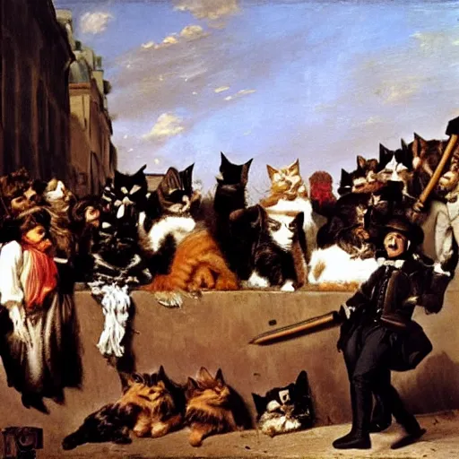 Image similar to Cat revolutionaries in various costumes on a barricade in Paris, 1848, oil on canvas, by Delacroix, 8k