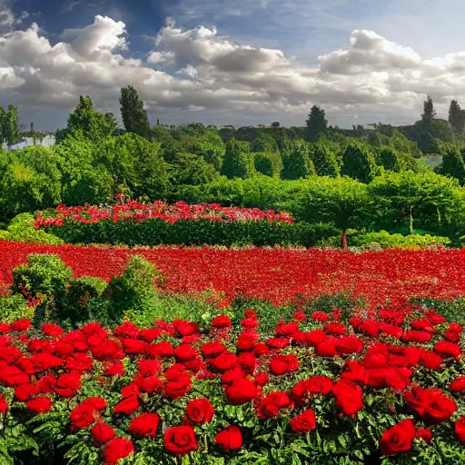 Prompt: a huge and magnificent garden factory, surrounded by red roses, steam, clouds, high - definition picture quality and panoramic view.