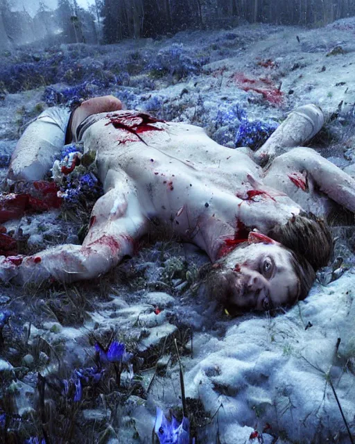 Image similar to Highly realistic oil painting of a wounded knight lying in the snow and surrounded by blue flowers, blood on flowers, by greg rutkowski, highly detailed, cinematic lighting, moody, dark