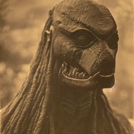 Image similar to photograph of yautja ( predator ) by edwardian, male, 1 9 0 0 s, 1 9 1 0 s, grainy, slightly blurry, faded, realistic face