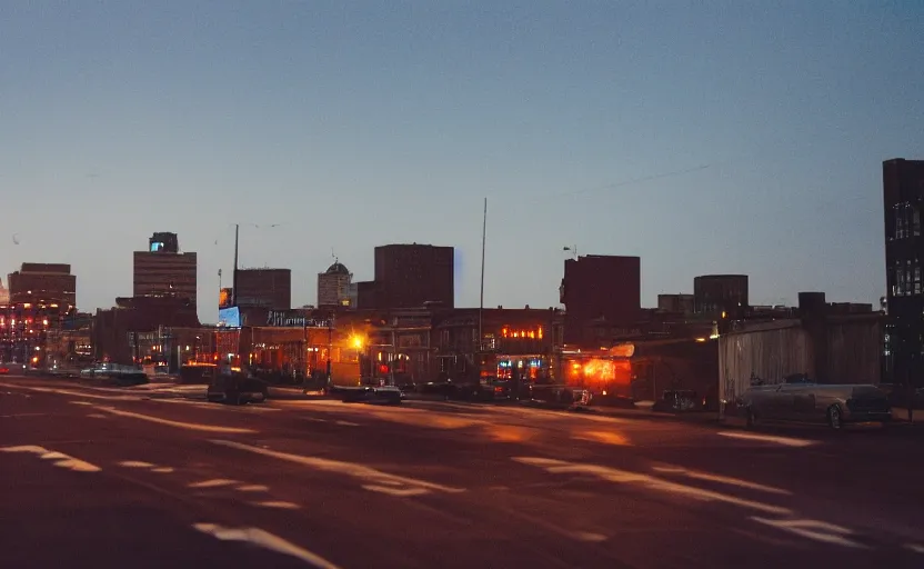 Prompt: low angle photo of sunrise view of buffalo new york as seen from a bus window, scene from being john malcovich film directed by charlie kaufman ( 2 0 0 1 ), moody cinematography and lighting, 2 4 mm anamorphic lens