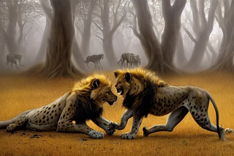 Image similar to photo, lions and hyenas having a fight, woodland location, stefan kostic and david cronenberg, realistic, sharp focus, 8 k high definition, intricate, chiaroscuro, elegant, perfect faces, symmetrical face, extremely detailed, hypnotic eyes, realistic, fantasy art, masterpiece zdzislaw beksinski, artgerm