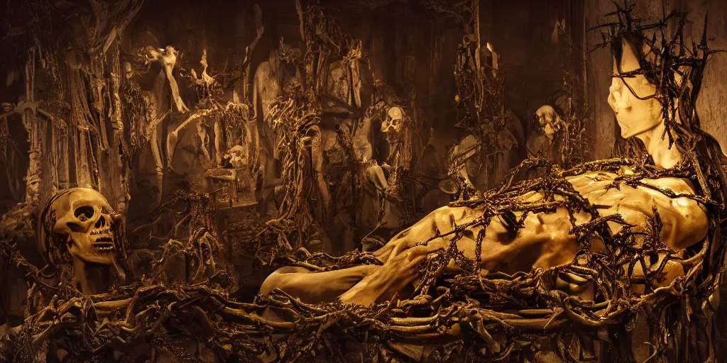 Image similar to a highly detailed realistic photographic render of corpses worshipping a skull statue with crown of thorns made of gold in the style of billelis, billelis , creepy, cinematic lighting, cinematic scene, Volumetric lighting, Atmospheric scene, Dark, Horror, Atmospheric lighting, Global illumination, realistic, photo realism, hyper realistic, hyper realism, photo realisitc, cinematic render, film, beautifully lit, ray traced, octane 3D render, octane render, unreal engine