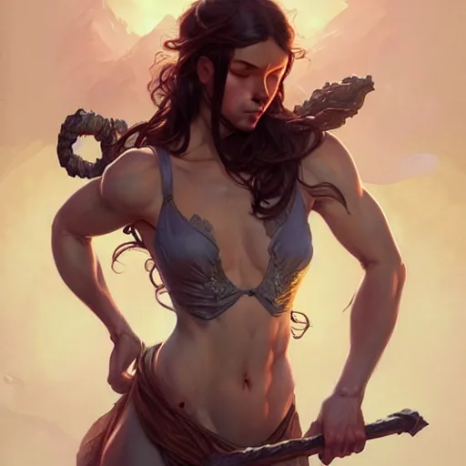 Image similar to , muscular upper body, D&D, fantasy, intricate, elegant, highly detailed, digital painting, artstation, concept art, smooth, sharp focus, illustration, art by artgerm and greg rutkowski and alphonse mucha