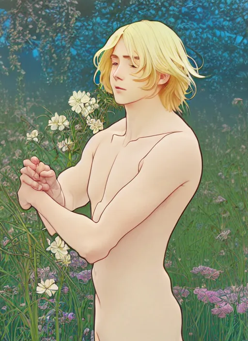 Image similar to pretty young man with shoulder length blond hair, male, half body shot, path traced, highly detailed, high quality, digital painting, by studio ghibli and alphonse mucha, leesha hannigan, hidari, art nouveau, chiho aoshima