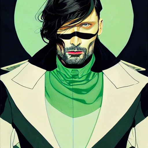 Image similar to Joshua Middleton comic art, wide shot, handsome elegant male Mads Mikkelson, spy, kabuki mask, beautiful evil sneer, symmetrical face, symmetrical eyes, leather clothing and boots, long straight green black hair, full body, Indigo occult pattern