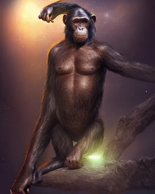 Image similar to very detailed high resolution illustration of a chimpanzee wearing fantasy armor, backlit, stars, night, surrounded, 3 d, 8 k, extremely detailed, artstation, award winning