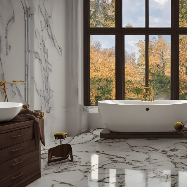 Prompt: marble bathroom interior, bathtub with golden faucet, wood cabinets, marble floor, large window in back with vermont fall foliage river view, large potted plant, realistic, unreal engine render, octane render, hyper realistic, photo, 8 k