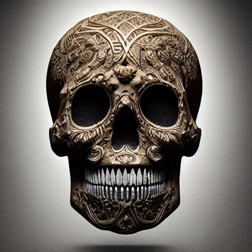 Image similar to a highly detailed photographic render of intricately carved sugar skull, intricate ornament, gilding, horror, dark fantasy, beautifully lit, ray traced, octane 3D render in the style of Gerald Brom and James Gurney