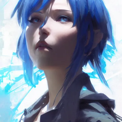 Image similar to realistic portrait of Sinon from sword art online, short blue hair, dramatic lighting, illustration by Greg rutkowski, yoji shinkawa, 4k, digital art, concept art, trending on artstation