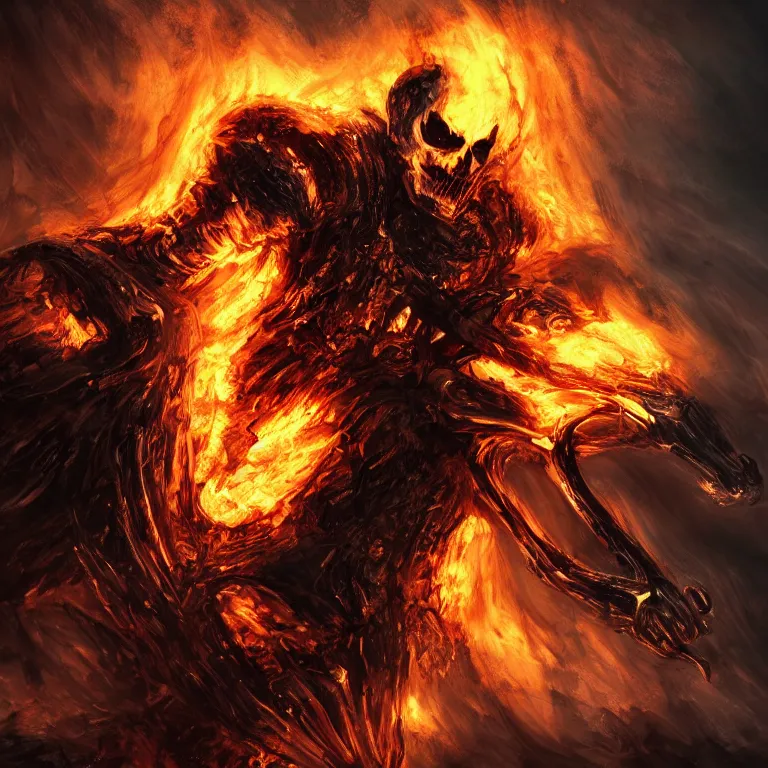 Image similar to Ghost Rider, flaming grim reaper, the pits of hell, headshot photo, character concept, dark souls concept art, Feng Zhu concept art, dramatic lighting, highly stylized, trending on artstation, high-quality wallpaper, desktopography