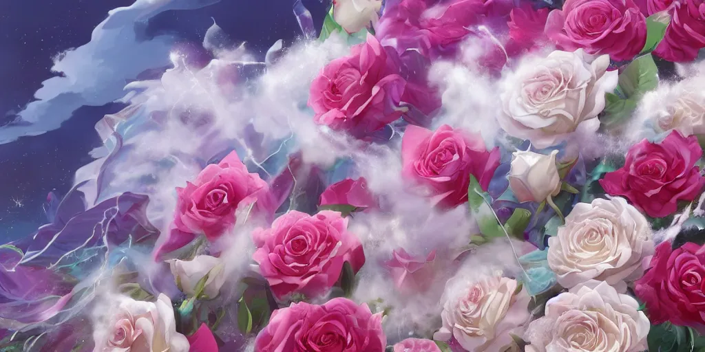 Prompt: background art of magic invisible blade slicing through a bouquet of white and pink roses, flowers exploding and spraying and splattering, big puffy clouds, exploding roses, large rose petals, lotus petals, large polygonal background elements, large polygons, dramatic anime, dramatic radiant lighting, artgerm, manga, trending on artstation, art nouveau, mature colors