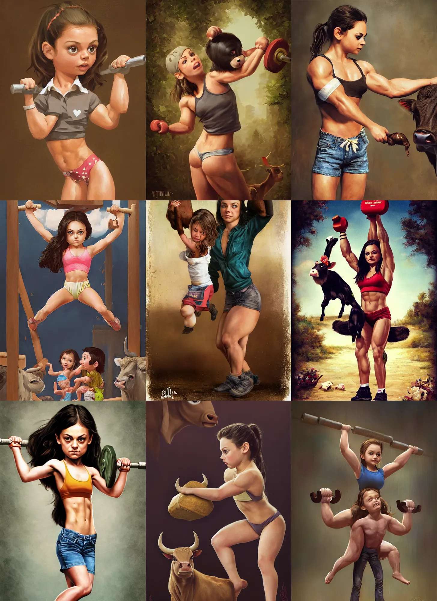 Image similar to little bodybuilder mila kunis lifting a cow, wlop, steve argyle, ilya kuvshinov, ralph horsley, rossdraw, mark ryden, daniel f. gerhartz, sophie anderson, lilia alvarado, tom chambers