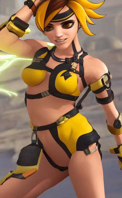 KREA - tracer game character, in yellow bikini, blonde hair, black