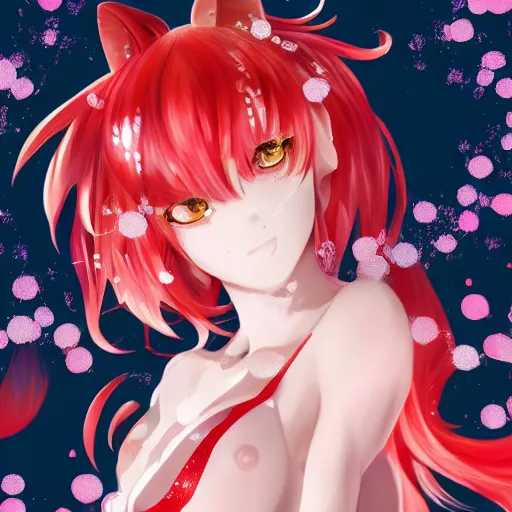 Image similar to kitsune woman nekomimi fancy haircut, full body, intrincate, red and white, glitter, depth of field, 8k, hyper detailed, realistic, trending on artstation