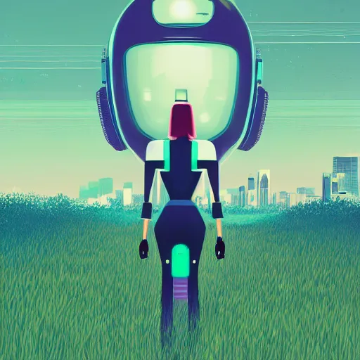 Image similar to a graph - style woman walking across a lush green field, a huge robot head in front of her, cyberpunk art by by james gilleard, cgsociety, retrofuturism, synthwave, retrowave, outrun