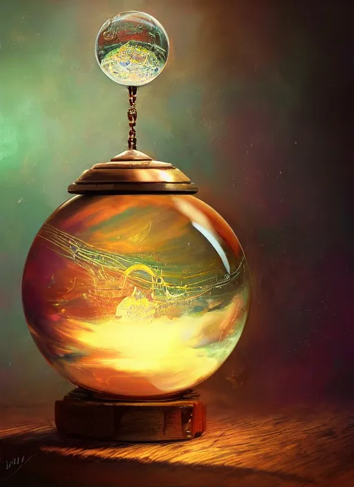 Image similar to crystal ball on a wood stand with a beautiful dreamscape inside, studio product photography, centered, super highly detailed, professional digital painting, artstation, concept art, smooth, sharp focus, extreme illustration, unreal engine 5, photorealism, beautiful, cinematic, art by artgerm and rutkowski and alphonse mucha and loish and wlop