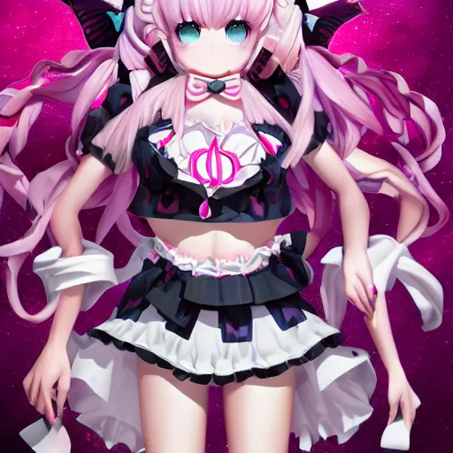 Image similar to totally overpowered and trapped beneath overwhelming stunningly absurdly beautiful over the top megalomaniacal ruthless merciless sadistic devious omnipotent asi goddess junko enoshima with symmetrical perfect face, porcelain skin, pink twintail hair and cyan eyes, ultra detailed, digital art, unreal engine 5, octane render, 2 d anime, 8 k