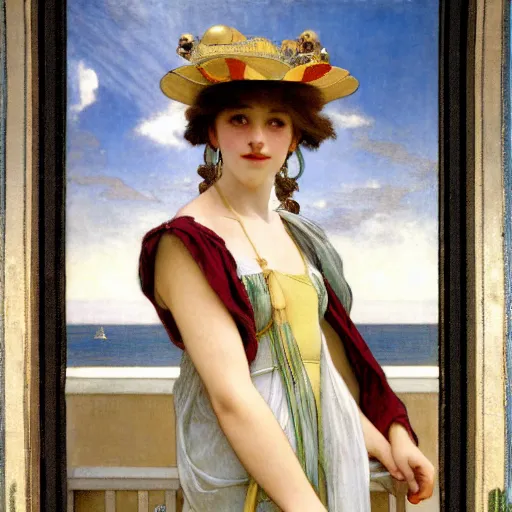 Image similar to A girl with jester hat and clothes on the front of a Balustrade with a beach on the background, major arcana clothes, by paul delaroche, alphonse mucha and arnold böcklin arnold böcklin hyperrealistic 8k, very detailed