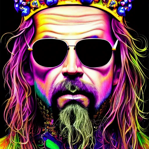 Prompt: An extremely psychedelic portrait of Rob Zombie wearing a crown and sunglasses, surreal, LSD, face, detailed, intricate, elegant, lithe, highly detailed, digital painting, artstation, concept art, smooth, sharp focus, illustration