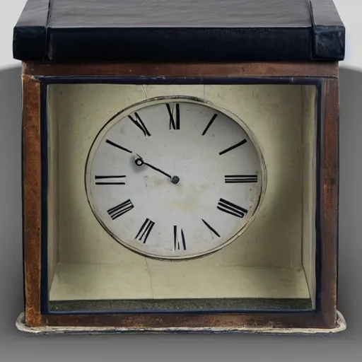 Prompt: The Jacob Riis Clock hiding a buried small cubed plexiglass box with a ceramic box inside