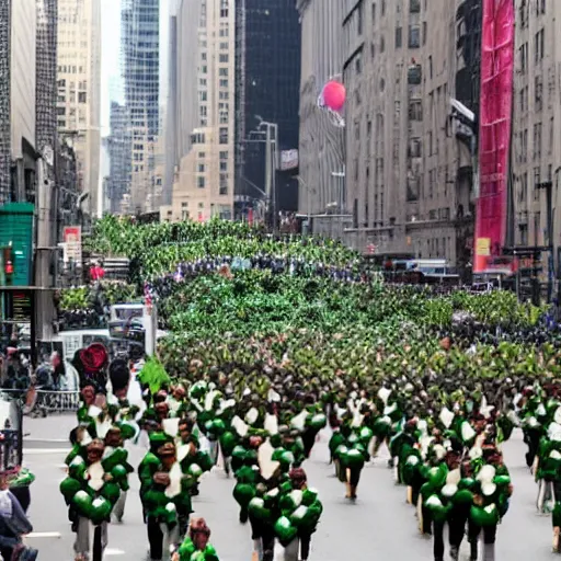 Prompt: a parade of avocados you marching down 5 th ave manhattan on st. patrick's day being lead by emma watson, 8 k, photo realistic, extremely life like