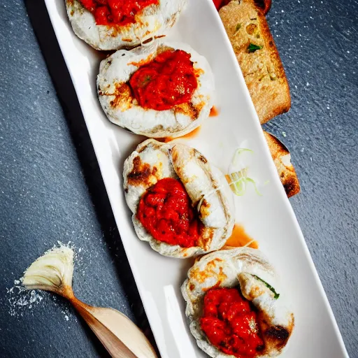 Prompt: Ćevapi with lepinja bread, onions and ajvar elaborately served in a Michelin star restaurant, professional food photography, Canon EOS 5D Mark II | 42mm | f/4.0 | 1/1250s | ISO 125