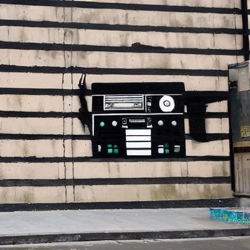 Image similar to Street-art painting of a TB303 in style of Banksy, photorealism